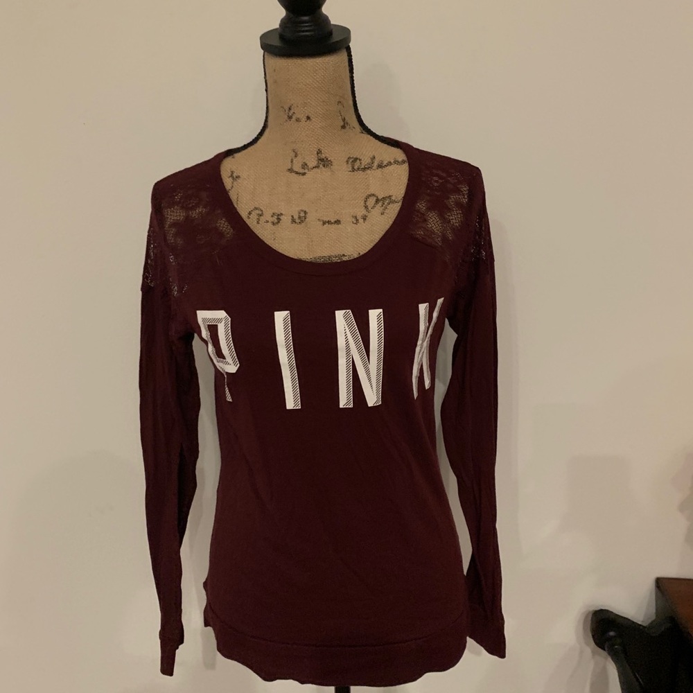 PINK maroon long sleeve shirt w/ lace, size S, EUC